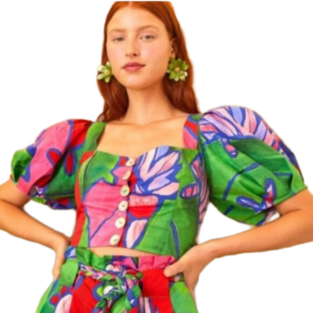 FARM Rio Tropical Bunch Crop Top Multicolored Puff Sleeves Womens Size Small